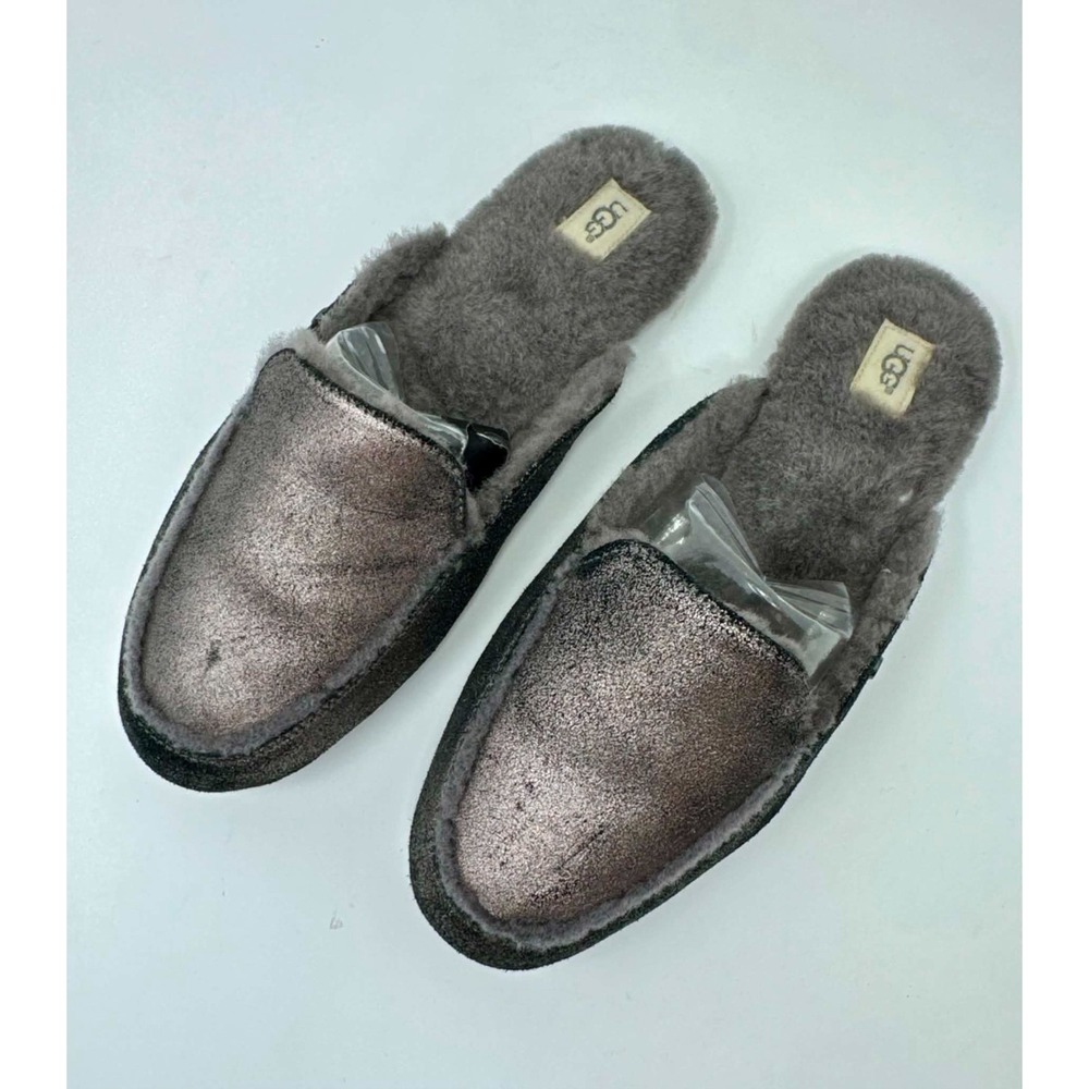 UGG Lane Metallic Loafer Womens 12 Pewter Shearling Slipper Mule 1096459 Comfort